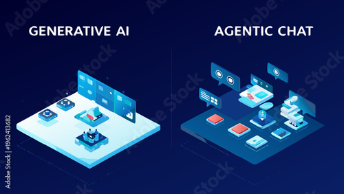 Isometric illustration depicting generative ai and agentic chat concepts with digital interfaces