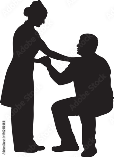 Silhouette of a man proposing to a woman with romantic gesture