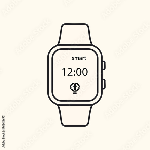 A black and white illustration of a smartwatch displaying the time 1200. The watch face has the word "smart" and a brain icon. The background is cream