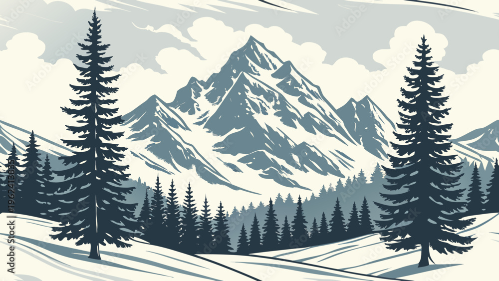 Fototapeta premium Snowy mountain landscape, winter scenery, vector illustration, blue and white colors