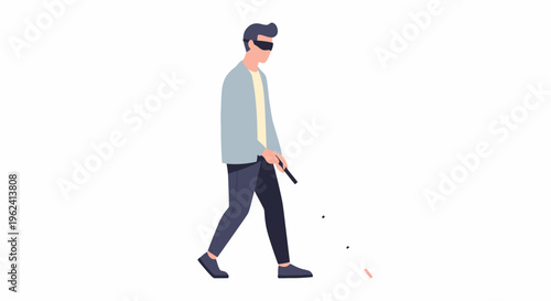 Blind Man Walking with Cane and Guide Dog.