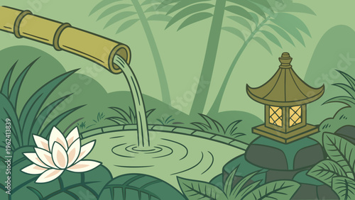 Serene Asian garden, bamboo water feature, lotus flower, zen landscape, green oasis