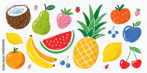 Colorful illustration of various fresh fruits on white background