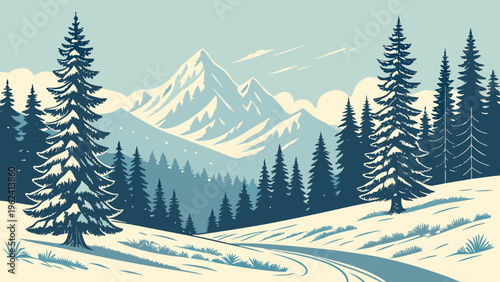 Winter landscape, snowy mountains, pine forest, vector illustration, scenic view