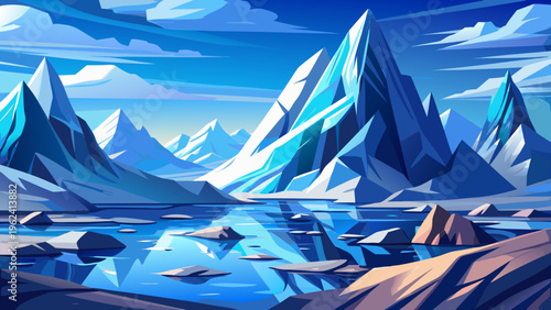 Frozen landscape, icy mountains, snowy peaks, vector illustration