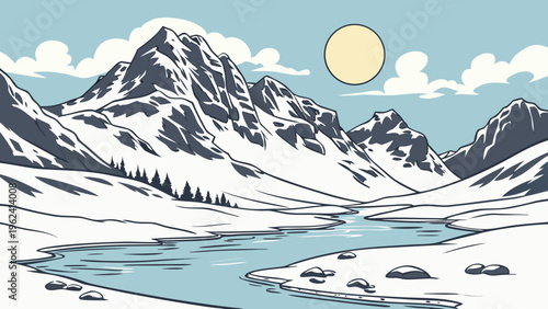 Snowy mountain landscape, winter scenery, frozen river, vector illustration