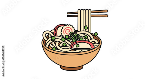 A cartoon illustration shows a bowl of noodles with chopsticks holding up some strands. Garnishes and a swirl-patterned fish cake sit inside