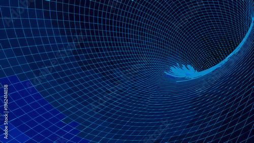 Abstract swirling vortex of glowing blue grid lines and digital connections