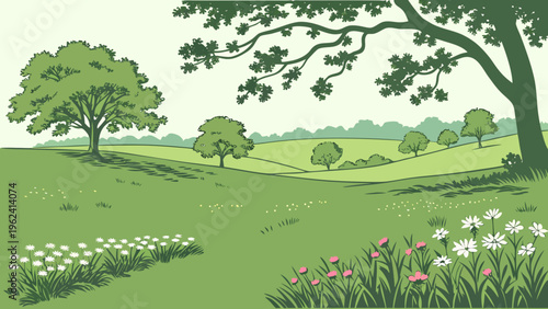 Green landscape, vector illustration, nature scenery, countryside view