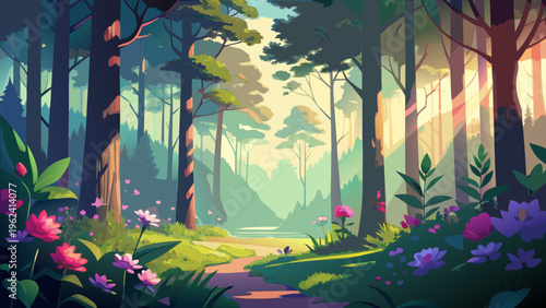 Whimsical forest path, serene woodland scene, vibrant wildflowers, sunny landscape