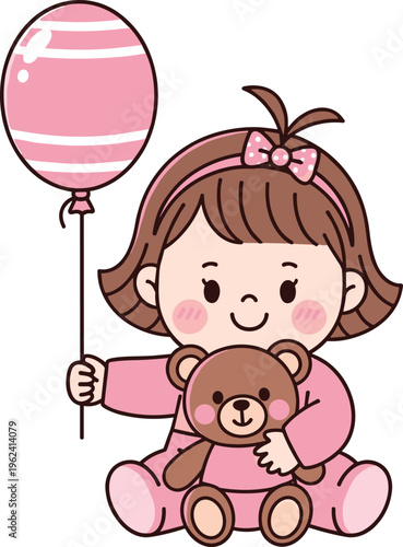 Cartoon Illustration of a Little Girl with a Balloon and Teddy Bear on a White Background