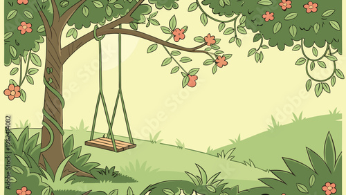 Vector illustration of a swing hanging from a tree, green grass, flowers, and foliage, outdoor scenery, nature background, park landscape