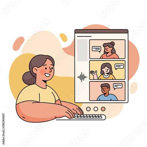 Woman attending online meeting via video call, working from home, virtual communication