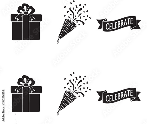 Gift box set with celebrate party elements and black ribbon banners featuring present, icon, collection with festive and celebration elements for