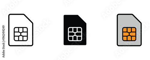 Mobile SIM card and digital cellular connection icon set. Phone network microchip and telecommunication subscriber identity module. Vector Illustration.