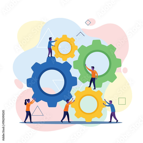 Teamwork assembling gears, business cooperation, synergy, and project management concept