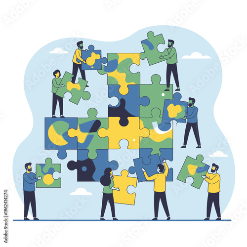 Teamwork assembling jigsaw puzzle representing planet earth, collaboration concept