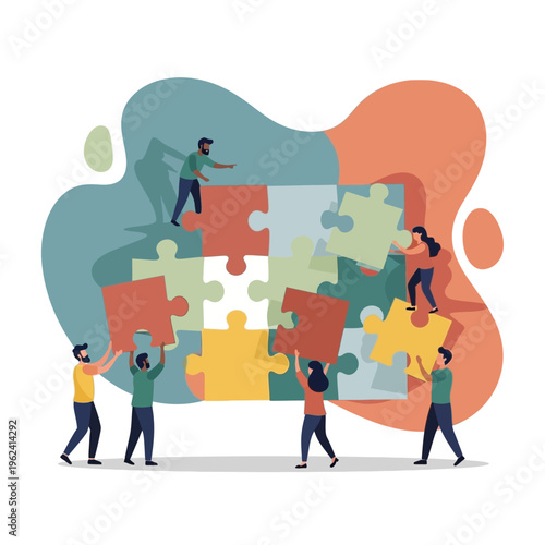 Teamwork assembling jigsaw puzzle, collaboration, strategy, connection, problem solving, success