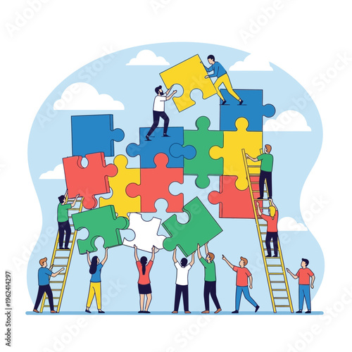 Teamwork assembling large puzzle pieces on ladders, collaboration, success, strategy, building together