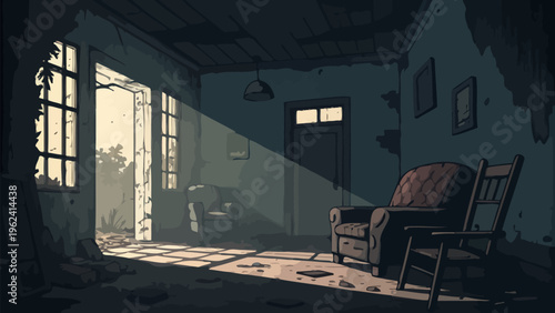 A vector graphic illustration of a dark and abandoned room with a chair and a ray of light silhouette