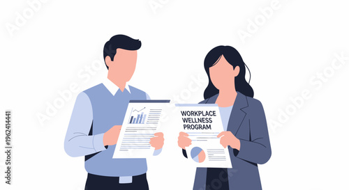 Business people discussing workplace wellness program documents.