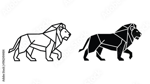Geometric and filled geometric illustrations of lions walking side by side