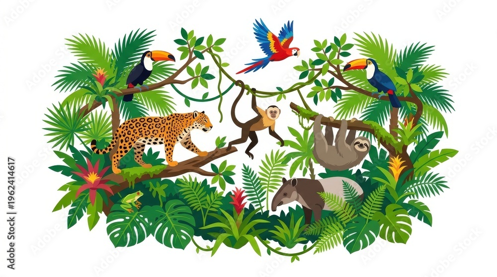 Fototapeta premium Tropical jungle with exotic animals.