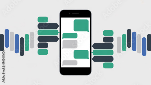 Modern smartphone displaying colorful chat bubbles amid abstract wave-like graphical elements surrounding it Vector