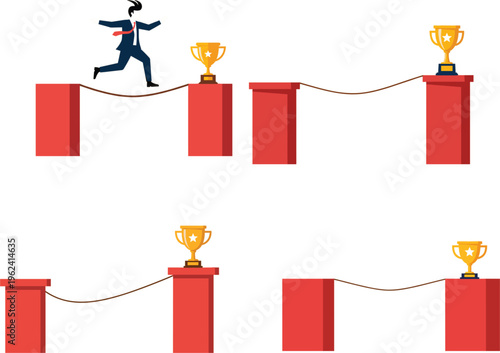 Businessman running on tightrope between pillars toward golden trophy success achievement goal challenge business concept