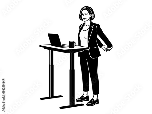 Woman stretching at standing desk during home wellness break