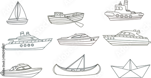 Colorful illustration of various boats and ships on white background