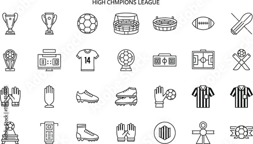 Various outlined sports championship trophies, a soccer ball, stadium view, and American football icons are displayed in a grid format for design use.