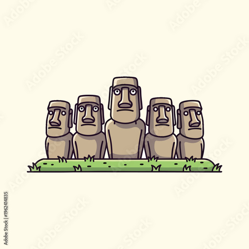 A cartoon depiction of five stone figures with large heads. They stand in a row above a patch of green grass against a cream backdrop