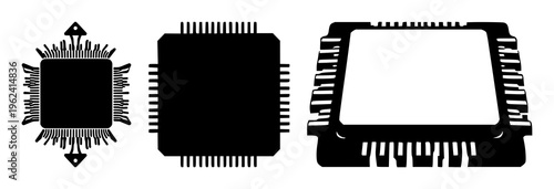 Chipset processor set with a single black silhouette of a CPU chip featuring electronics, circuits, technology with vector illustration and graphic design