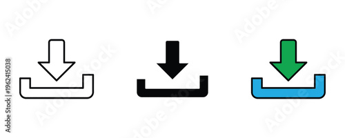 Digital download arrow and save file button icon set. Incoming data transfer and cloud storage upload symbol. Vector Illustration.