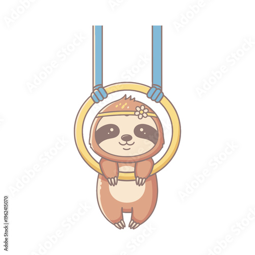 A cartoon sloth hanging from a gymnastics ring with a flower on its head, smiling and looking cute, in a playful and fun illustration style.