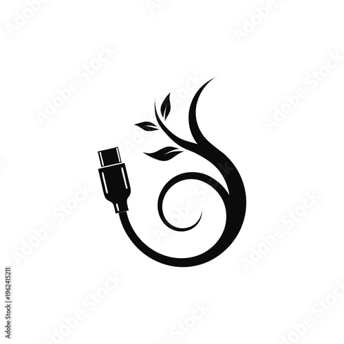 Simple vector of a charging cable morphing into a thin tree branch. isolated on White Background