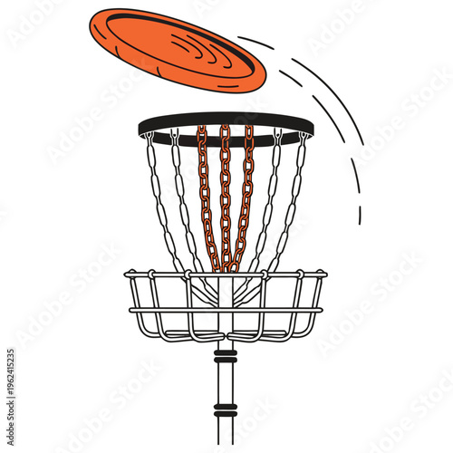 Simple vector of a Disc Golf basket with a flying disc mid-air. isolated on White Background
