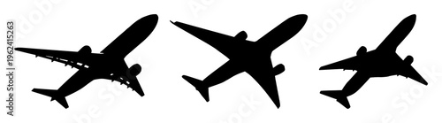 Commercial airplane set with minimalist vector icon ascending at a slight upward angle featuring clean lines, solid black fill, monochrome palette with high contrast and professional travel aesthetic