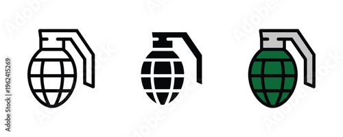 Military hand grenade explosive weapon icon set. Tactical fragmentation grenade for combat and defense. Vector Illustration.