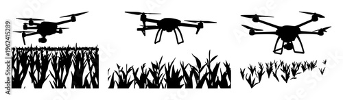 Solid black silhouette of a smart agricultural drone spraying crops, ag-tech theme, isolated on white. set with simple line art design featuring sketches, drawings, vector graphics with minimalist ...