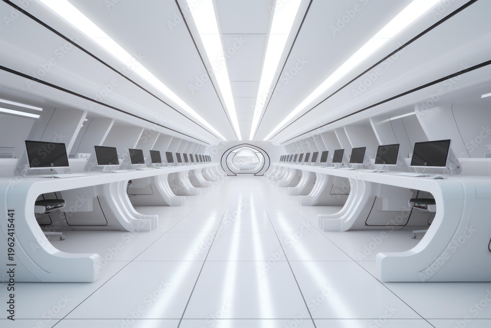 Fototapeta premium Automated clean white data center or office with modern computers and sleek architecture
