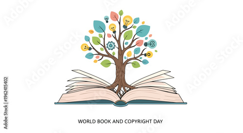Illustration of a tree growing out of an open book with colorful leaves on World Book and Copyright Day against a white background