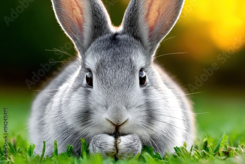 Grey rabbit enjoying a peaceful moment in the grass