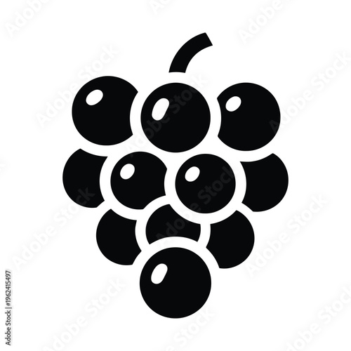Minimalist black silhouette icon of a bunch of grapes with stem isolated on white background