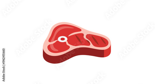 A cartoon illustration of a cut of meat in a flat design. The steak is red with lighter colored fat and a circular feature