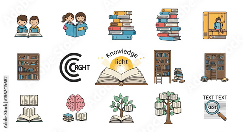 Flat lay of World Book and Copyright Day themed illustrations featuring books, knowledge, and literacy icons on a clean white background