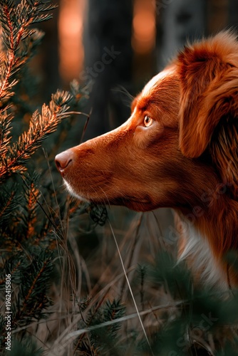 Dog exploring a forest at sunset with warm light
