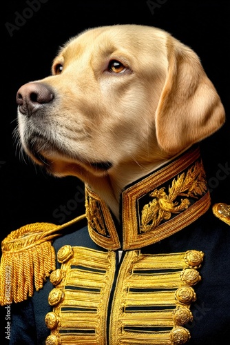 Noble canine dressed in regal military attire