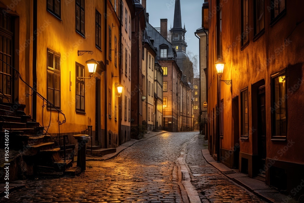 Fototapeta premium Old town street at twilight illuminated by warm glowing lanterns